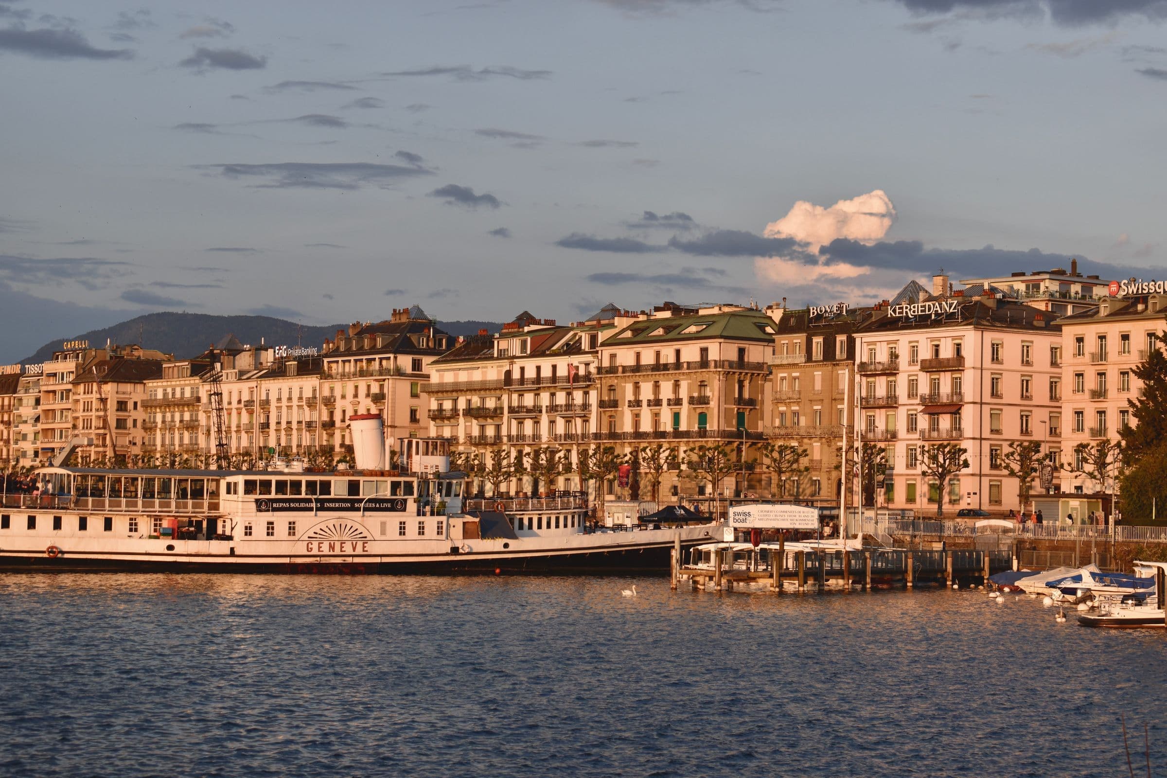 The golden-hour waterfront and Belle Époque façades of Geneva.