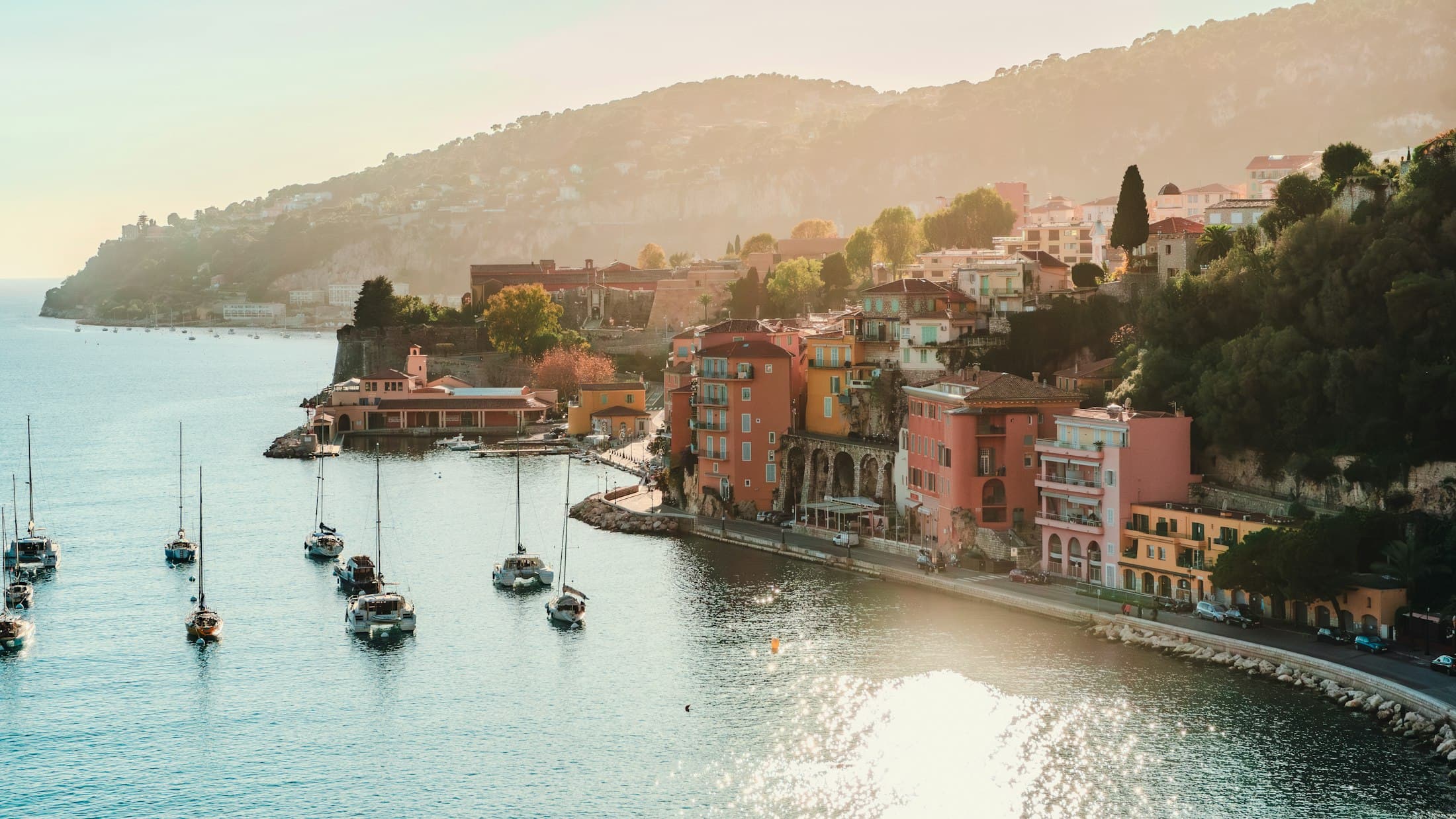 Golden hour over the harbour at Villefranche-sur-Mer.